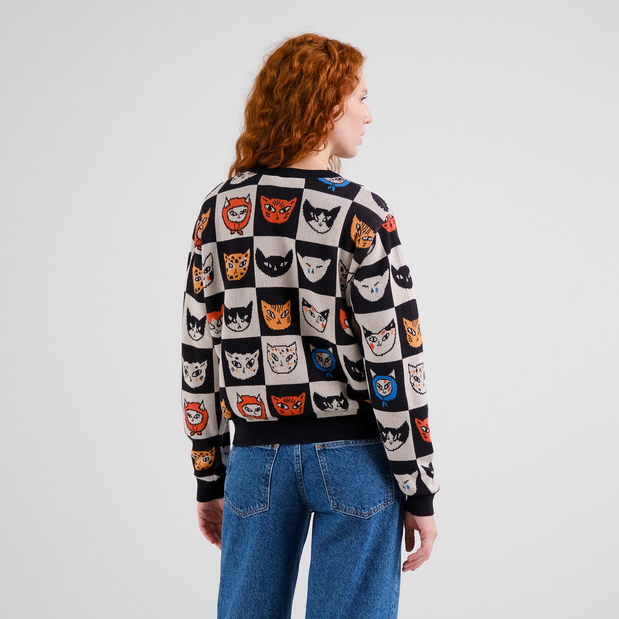 Dedicated Arendal Cat Bingo Multi Color Damen Strickpullover schwarz